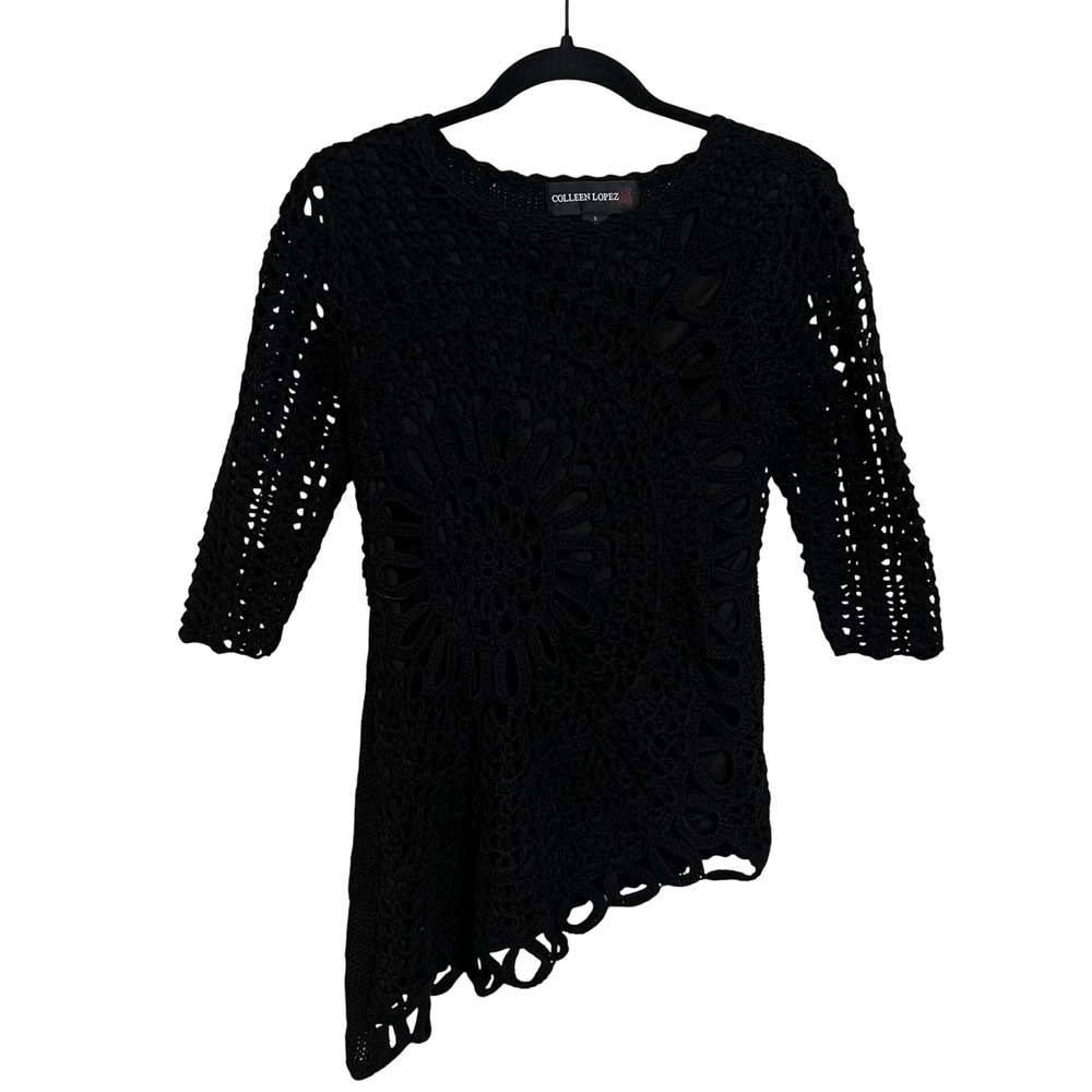 Colleen Lopez Black Crochet Knit Asymmetrical Top CZ6888 Small